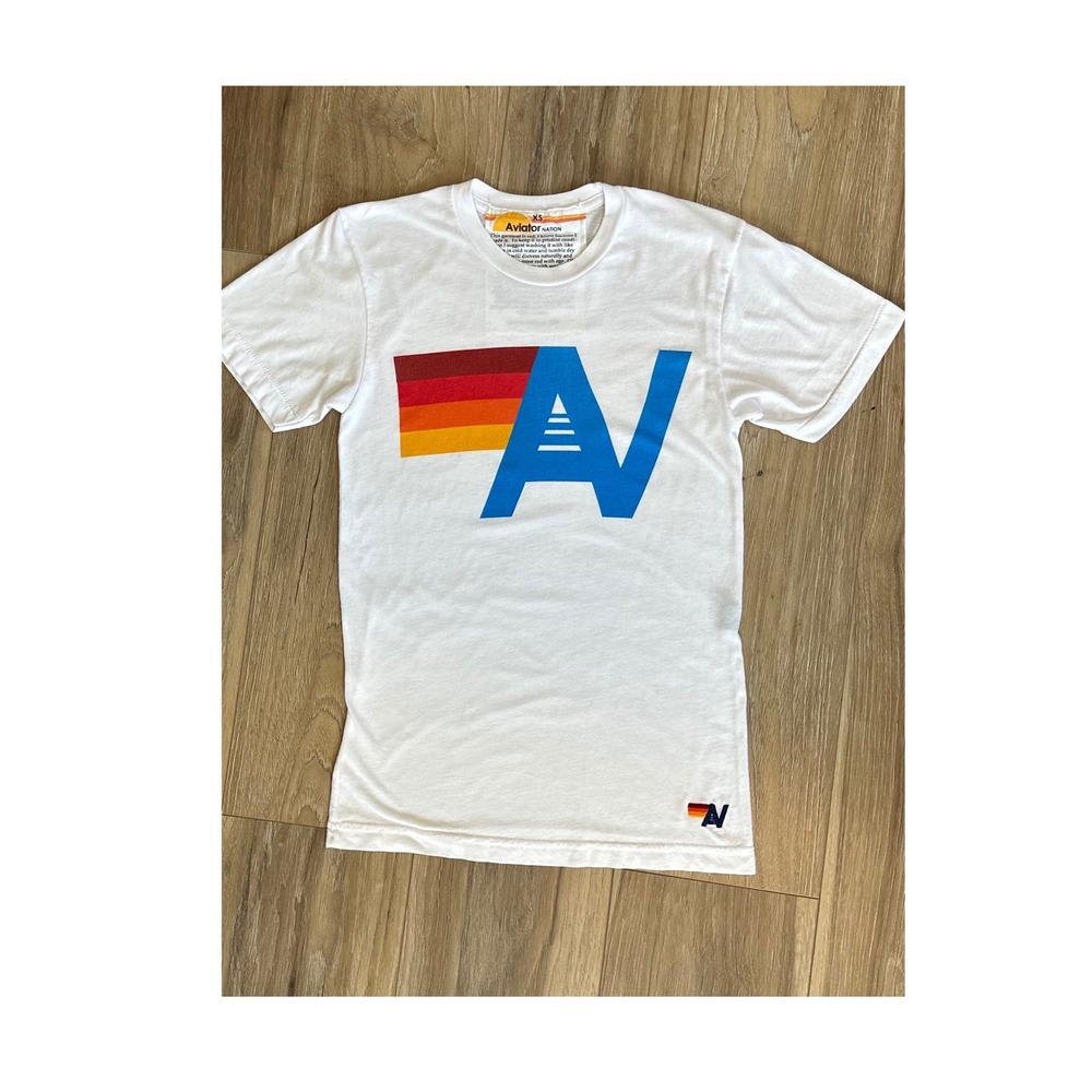 Aviator Nation White Retro Rainbow Logo Graphic Tee Shirt XS Womens